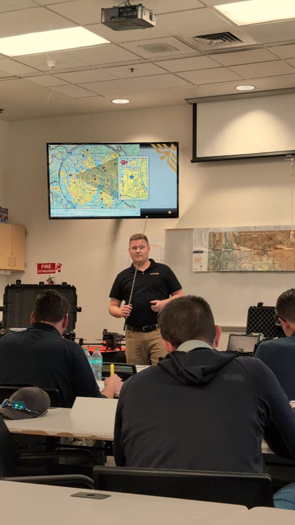 During the SOLID UAVS 2-Day Part 107 Test Prep Course we prepare participants to successfully pass their Part 107 Test. In this image the instructor is helping participants master Aeronautical Chart Reading Skills and Airspace Identification. Public Safety and Commercial Operators are held to a higher standard than Recreational Flyers. Our goal is not to just make you a really good test-taker, but our primary goal is to make you a knowledgeable and well-rounded Remote Pilot that can safely operate in the National Airspace System.