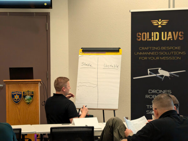 During the SOLID UAVS 2-Day Part 107 Test Prep Course we prepare participants to successfully pass their Part 107 Test. In this image the instructor is helping participants master the definitions and characteristics associated with Stable and Unstable Air Masses. Public Safety and Commercial Operators are held to a higher standard than Recreational Flyers. Our goal is not to just make you a really good test-taker, but our primary goal is to make you a knowledgeable and well-rounded Remote Pilot that can safely operate in the National Airspace System.